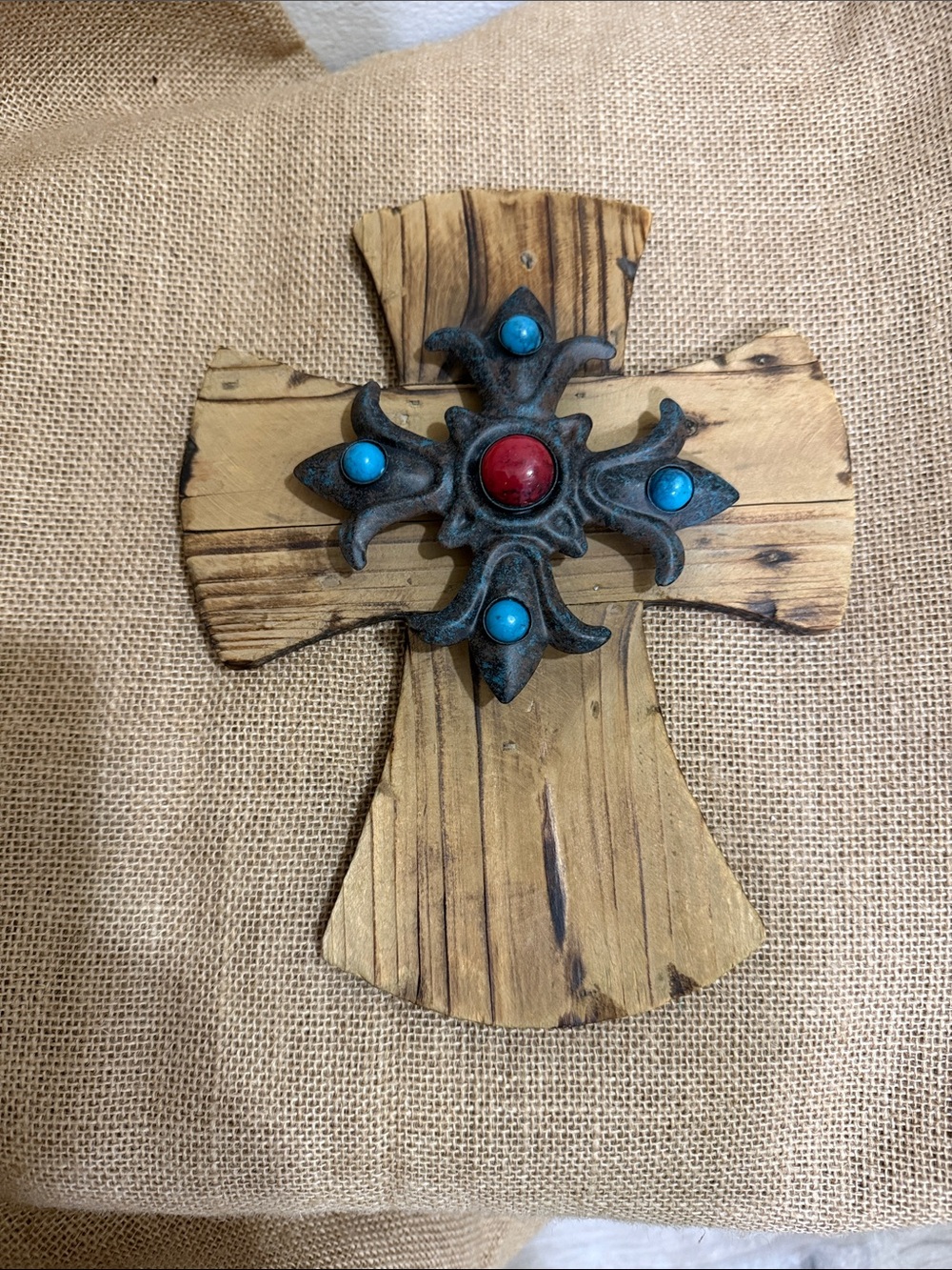 Wooden Decorative Wall Cross with Turquoise and Red Accents and Barn Wood